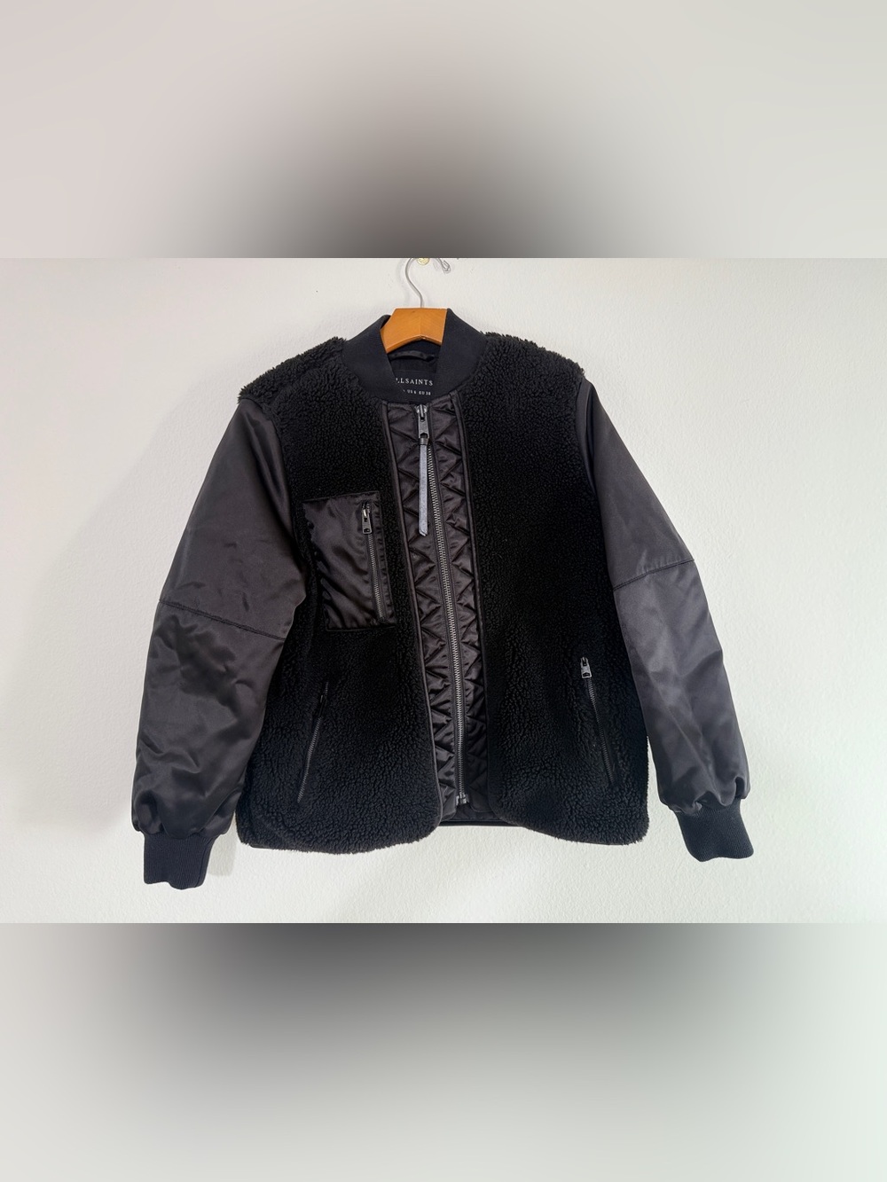 AllSaints Suri Bomber Jacket Black Faux Shearling Wool Blend US 6